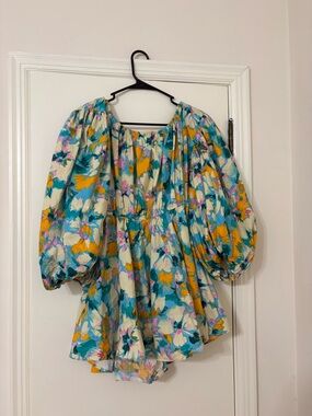 Floral Puff-Sleeve Blouse in Teal & Mustard